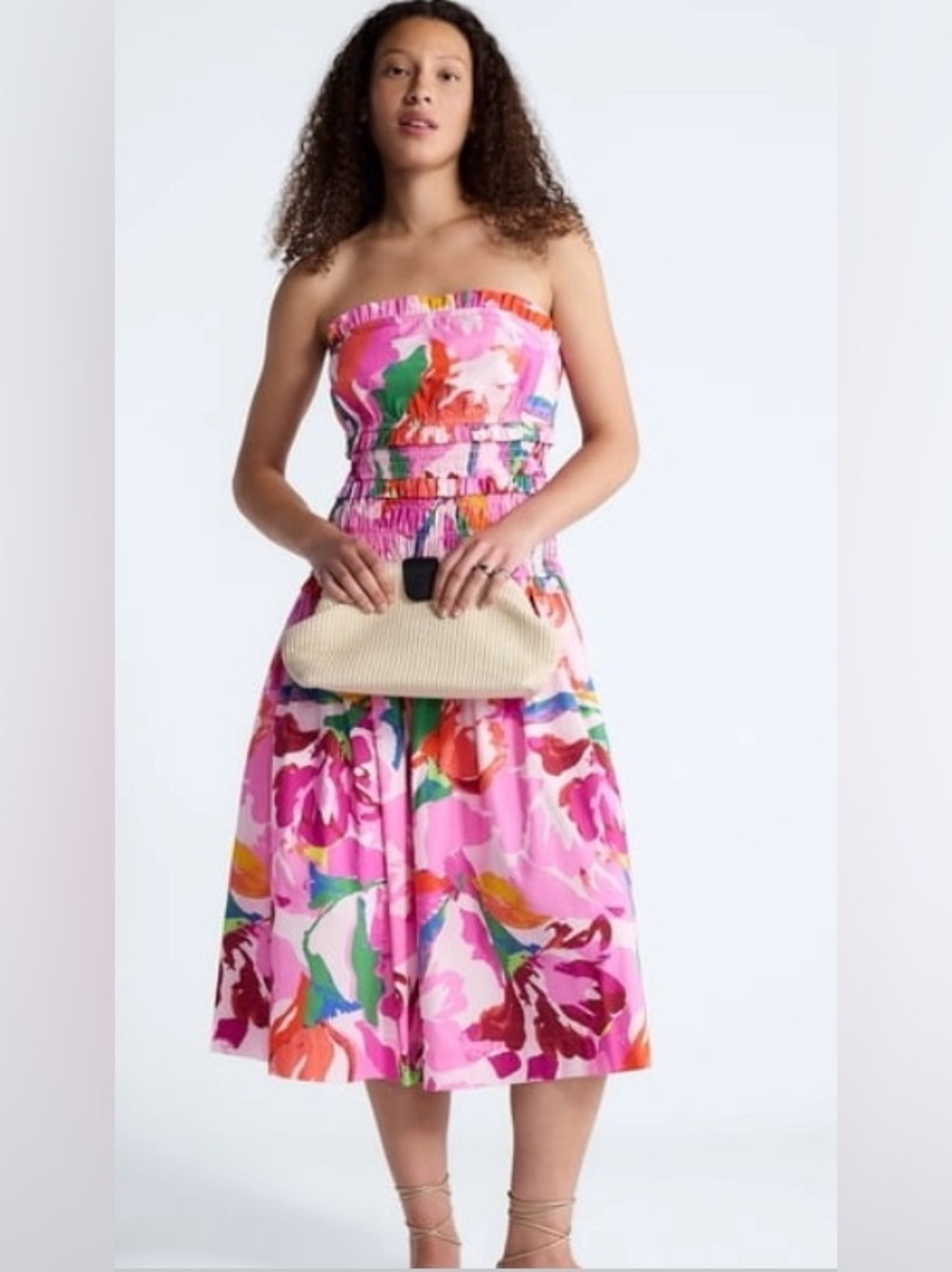 Free Assembly Strapless Poplin Floral Midi Dress with Smocked Bodice